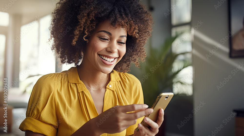 Poster smiling woman holding er smartphone at home