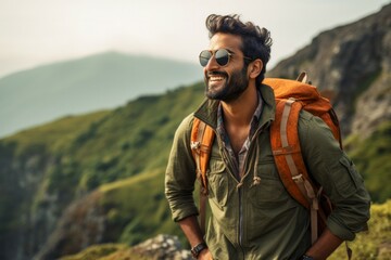 Young man in sunglasses hiking - obrazy, fototapety, plakaty