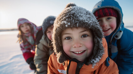 Fototapeta na wymiar a group of children ice fishing on a frozen lake, their faces lighting up as they feel a fish nibbling at their lines.