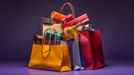 a pile of colorful shopping bags and gift boxes on a purple background. - Powered by Adobe