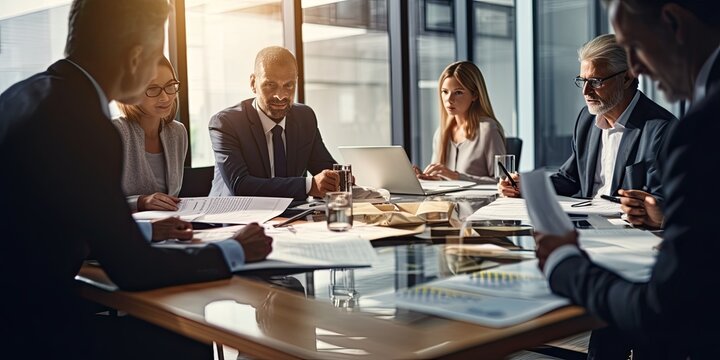 A productive office meeting with executives and professionals, focused on teamwork, communication, and business strategies.