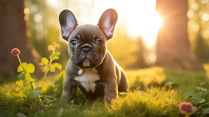 French bulldog puppy staring at camera, content and happy.