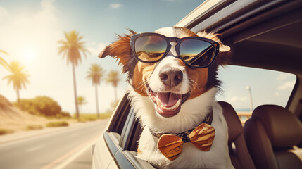Dog wearing sunglasses enjoying a car ride, sticking head out the window on warm day.
