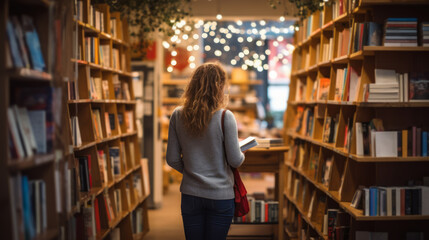 a woman browsing books in a cozy bookstore with fairy lights. - obrazy, fototapety, plakaty