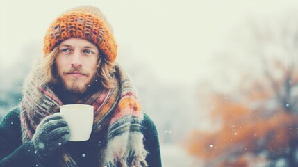 Young blond handsome man with a cup of coffee taking a walk in a park during winter in colorful hat and scarf