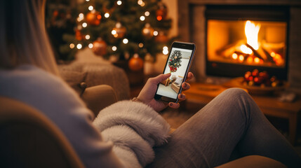 a women in a sweater using their phone in a cozy living room with a Christmas tree and fireplace. - obrazy, fototapety, plakaty