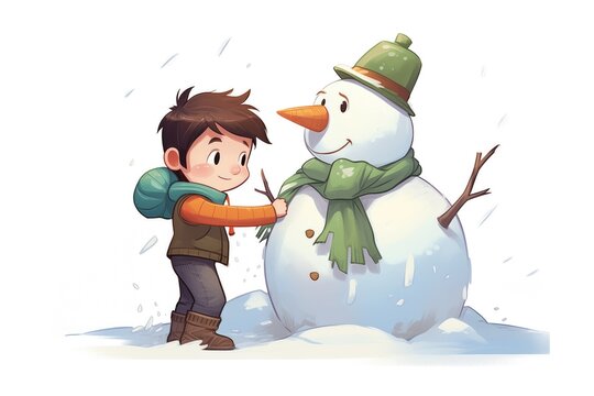 child patting down snow on a nearly complete snowman