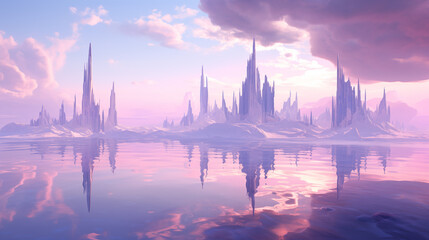 A landscape filled with floating islands bathed in soft, ethereal light. Skies are adorned with...