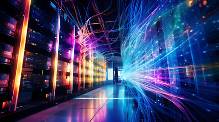 Dynamic image of a network cable with streaming colorful light, symbolizing high-speed internet and technology