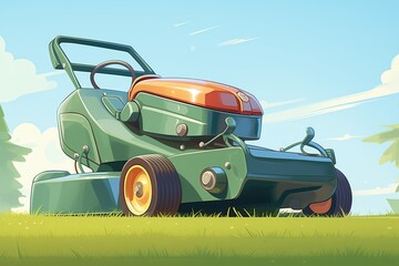 close-up of a shiny metallic lawnmower on a green lawn - obrazy, fototapety, plakaty