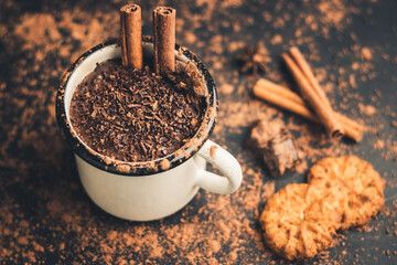 Homemade spicy hot chocolate drink with cinnamon stick, star anise, grated chocolate in enamel mug...