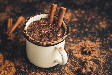 Homemade spicy hot chocolate drink with cinnamon stick, star anise, grated chocolate in enamel mug...