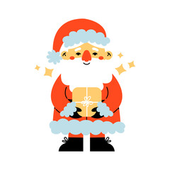 Funny santa claus. Cute christmas character holds gift. Flat cartoon vector illustration.
