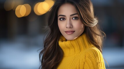 young woman, beautiful, confident Indian Asian in a yellow sweater,