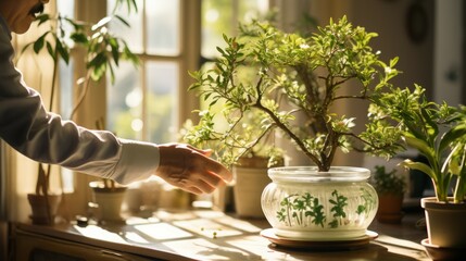 Young woman taking care of the house plants, gardening. Home activity for beautiful young woman holding a bonsai in her hands near a bright window - obrazy, fototapety, plakaty