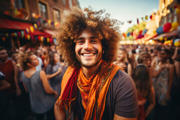 portrait of a man at a gay pride parade, happy and joyful emotions with friends, LGBT concept - obrazy, fototapety, plakaty