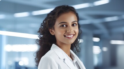 young smiling Indian female scientist in white lab coat.