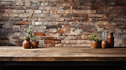 Empty wooden table top against a brick wall, close up, minimalism. Copy space.	