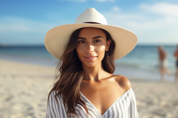 beautiful young woman in hat and striped blouse on summer beach
