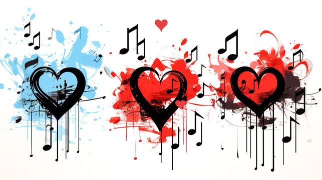 Hearts drawn with paint and notes on a white background.