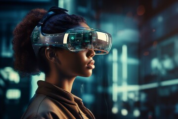 Woman wearing smart glasses futuristic technology digital remix, Blue background