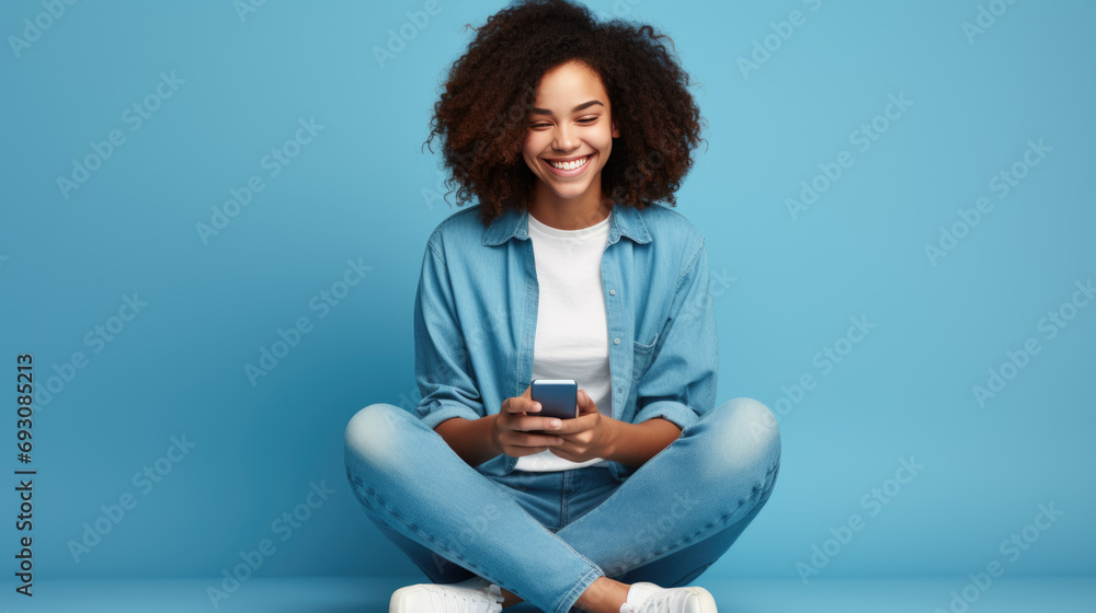 Sticker Young girl smiling holding a smartphone sitting on a blue background