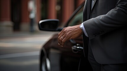 male hand on the handle of a professional transport service car, business class or pickup truck