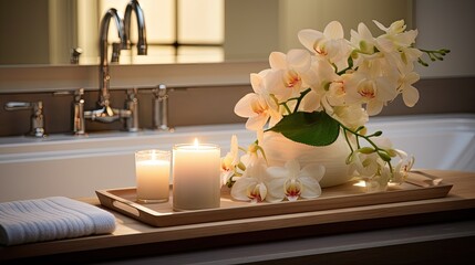 wooden board with candles, loofah and indoor plants above the bathtub in a modern minimalist style