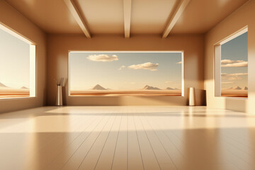 Fototapeta premium Empty room with a free wall: beige, yellow as the main tones. Mockup, copy space.