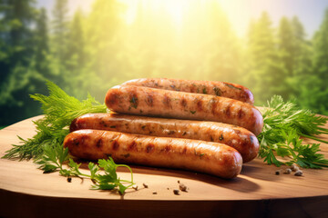 Grilled sausages with herbs and spices on a wooden background - obrazy, fototapety, plakaty