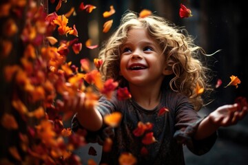 a child throwing a handful of vibrant flower petals in the air - obrazy, fototapety, plakaty