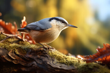 Nuthatch (Sitta europaea) in autumn forest. Beautiful small colorful bird on a branch, close up
