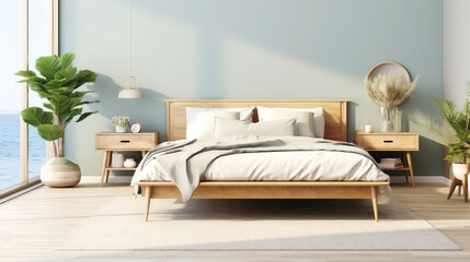 Cozy bedroom interior in Scandinavian style, large bed, beige bed linen, home decor. Sample.