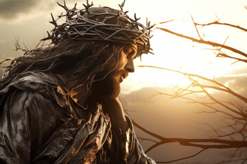 Religious scene with Jesus Christ wearing a crown of thorns looking up at heaven. Easter....