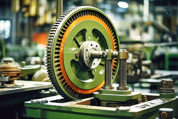 Photo of a mechanical device operating on a piece of equipment. Modern metal processing at an industrial enterprise. Manufacturing of high-precision parts and mechanisms. - obrazy, fototapety, plakaty