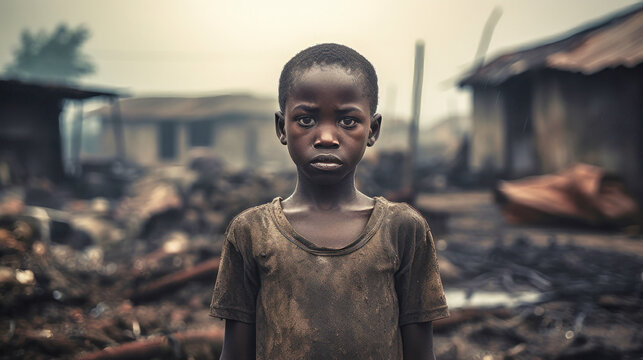 Beggar child. Concept of hunger and injustice in the world. Slums and a dirty hungry child