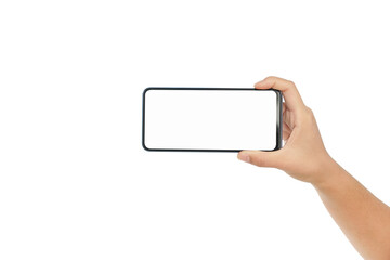 Hand holding a smartphone horizontally on a white background.