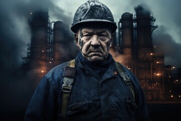 Fototapeta na wymiar a coal miner superimposed over a coal-fired power station