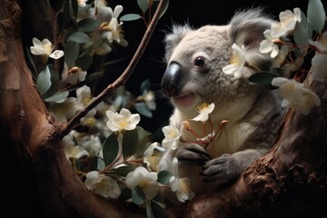 a koala bear munching on eucalyptus flowers in a tree - obrazy, fototapety, plakaty