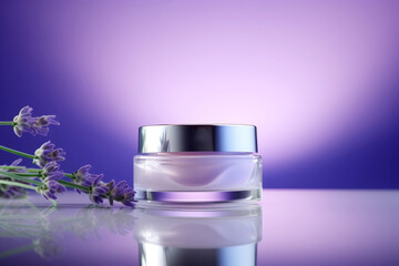 Lavender mockup cream in a glass jar on a purple background. Copy space - obrazy, fototapety, plakaty