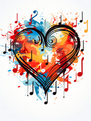 Colorful watercolor musical heart with notes and drips of paint.