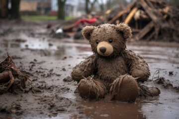 a soggy teddy bear lying in the muddy aftermath of a flood