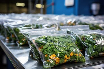 a close-up shot of freshly packaged vegetables in a factory - obrazy, fototapety, plakaty