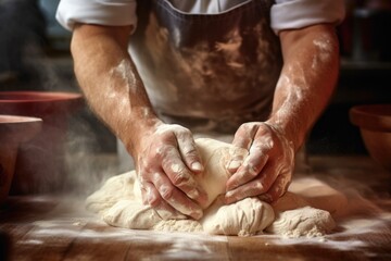 Fototapeta premium close-up shot of hands kneading dough in a bakery