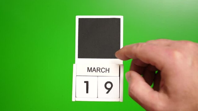 Calendar with the date March 19 on a green background. Illustration for an event of a certain date.