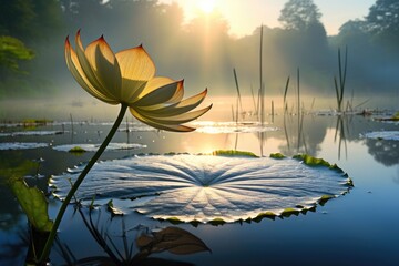 a lily pad with a frog and dew drops in the morning light