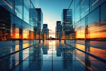 Reflective glass facade of a modern skyscraper, urban architectural elegance