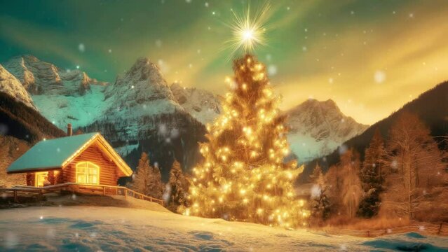 Christmas Tree, House, and Snowy Mountains , Winter Wonderland , christmas video animation ,