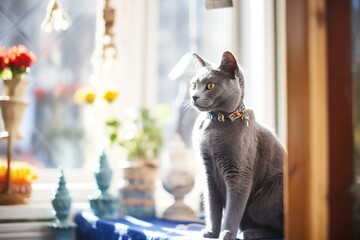 russian blue cat in a sunlit conservatory window