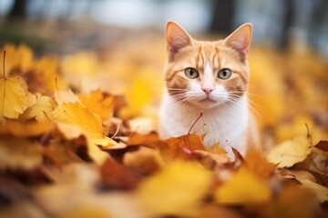 Naklejka na ściany i meble orange cat amidst autumn leaves